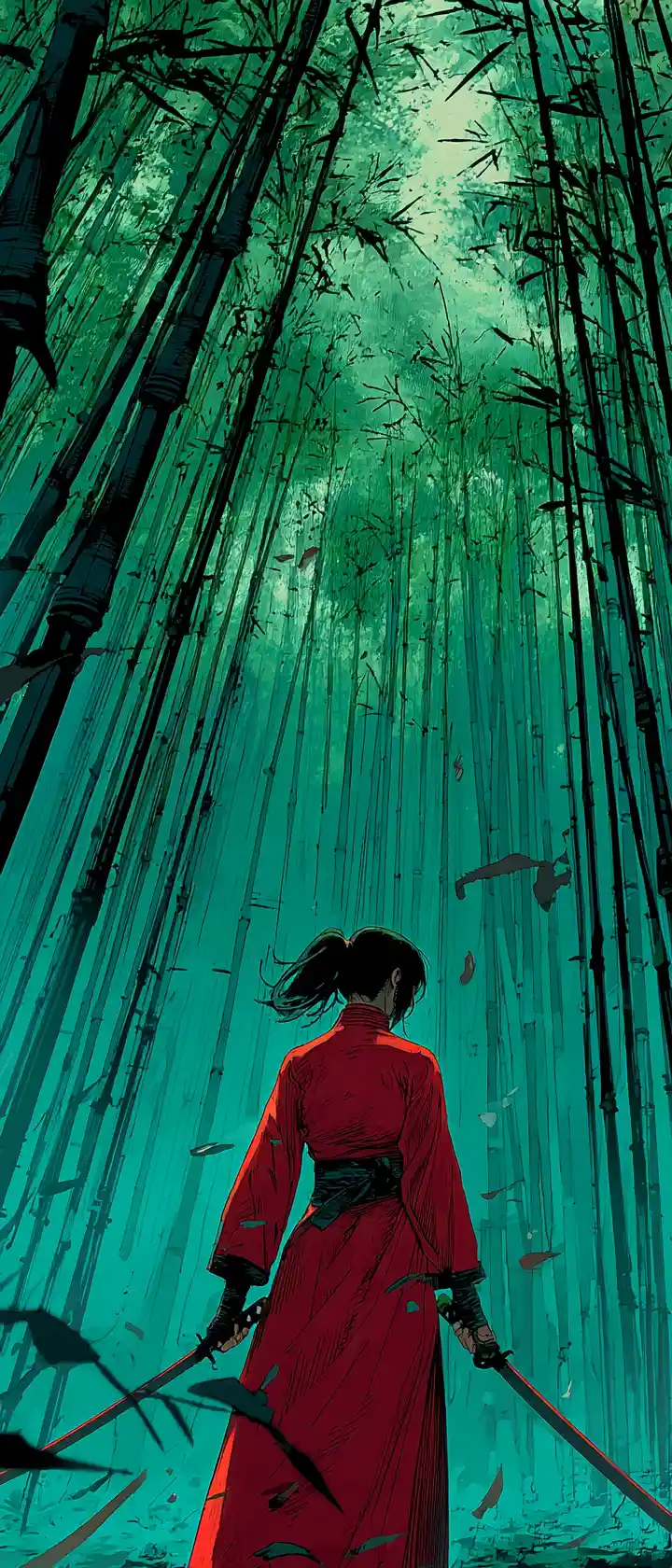 Anime warrior dueling in a moonlit bamboo forest