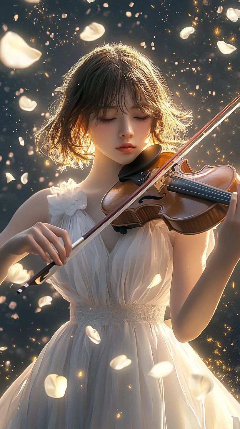 Ethereal girl playing violin in glowing cosmic light