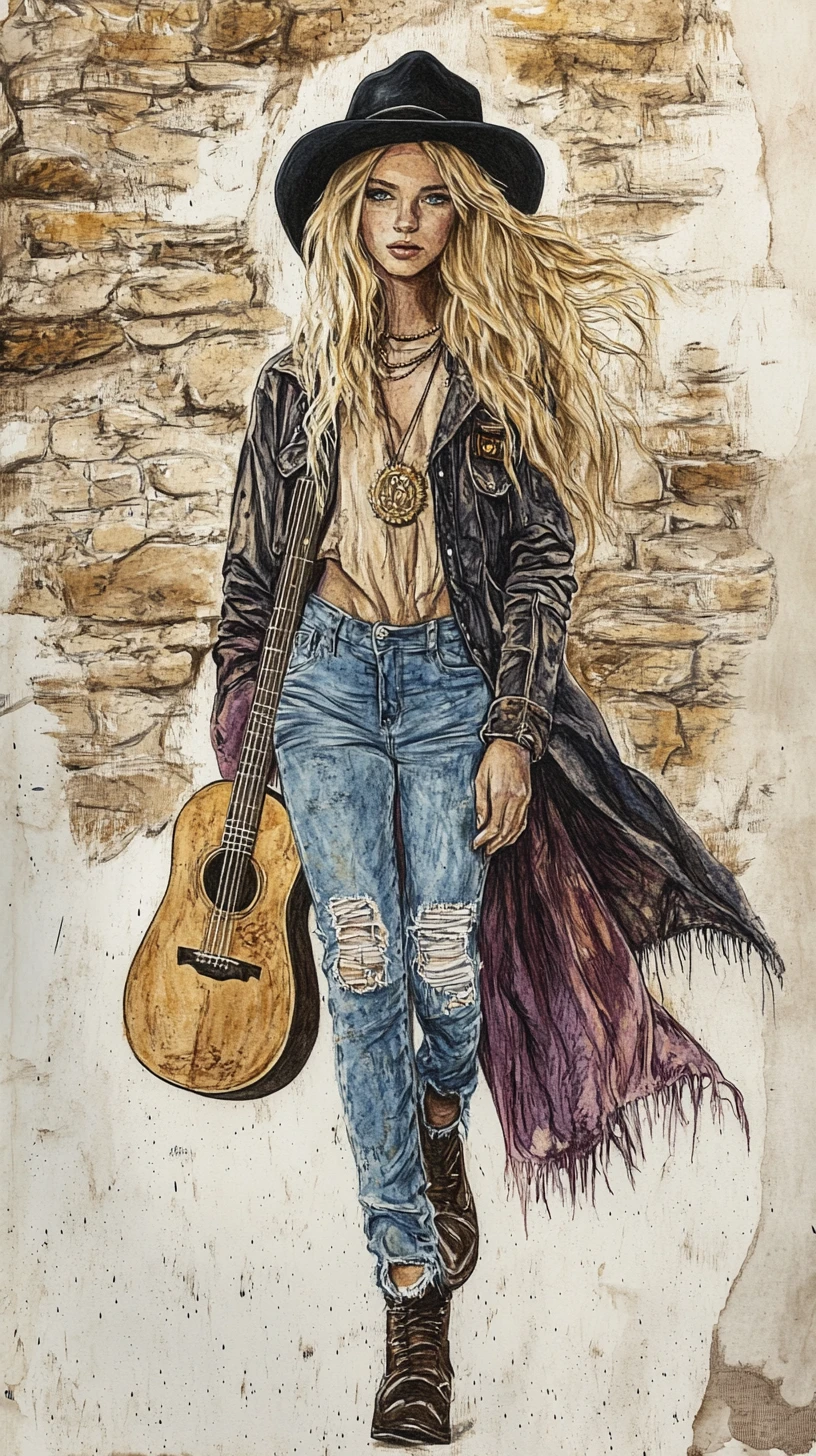 Young woman walking with guitar in a bohemian street scene