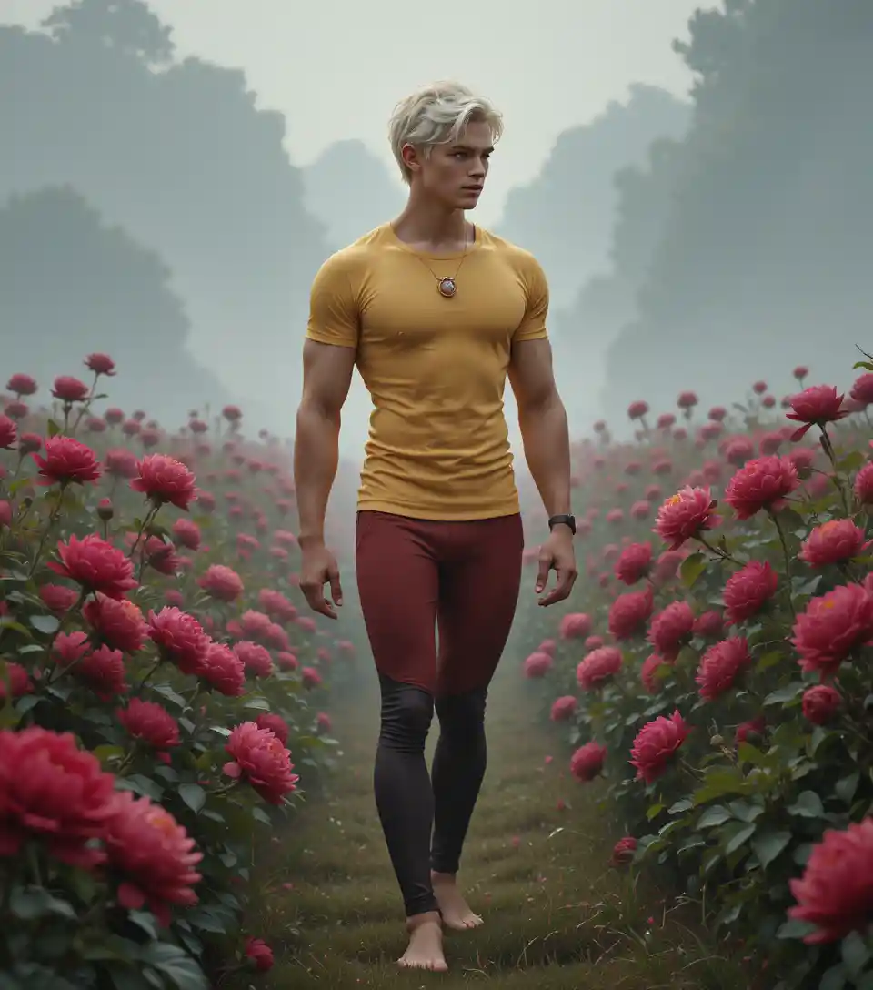 Young blond man walking barefoot through a summer flower field