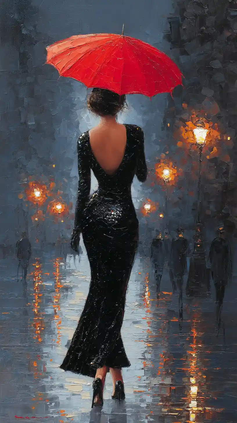 Woman walking alone under streetlights on a rainy night