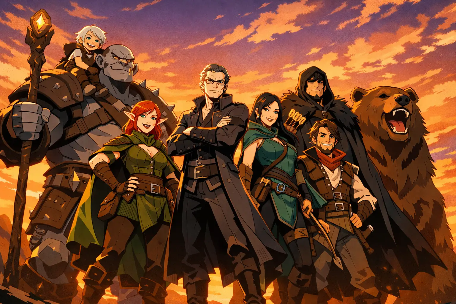 Heroic fantasy party at sunset in cel shaded style