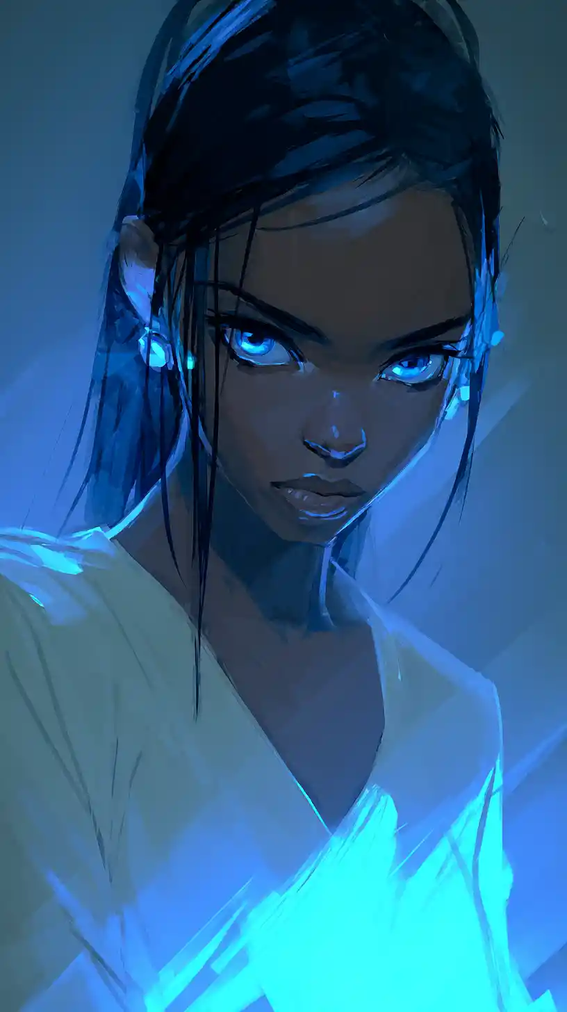 Mystical woman with glowing blue eyes in shadowed portrait