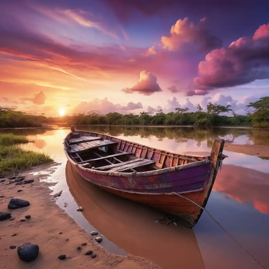 Abandoned wooden boat on the Orinoco River at sunset