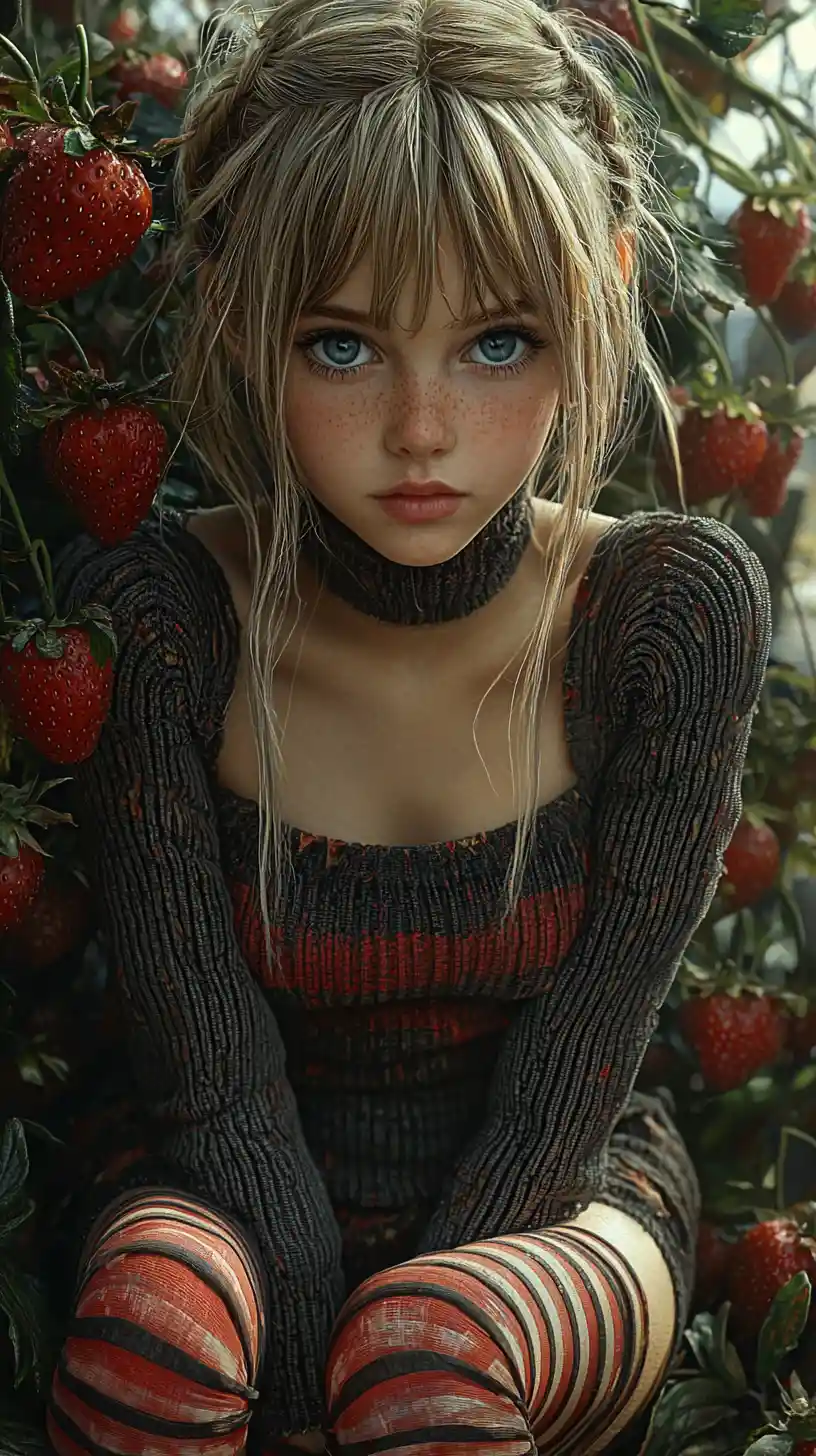 Whimsical girl among strawberries under a clear blue sky
