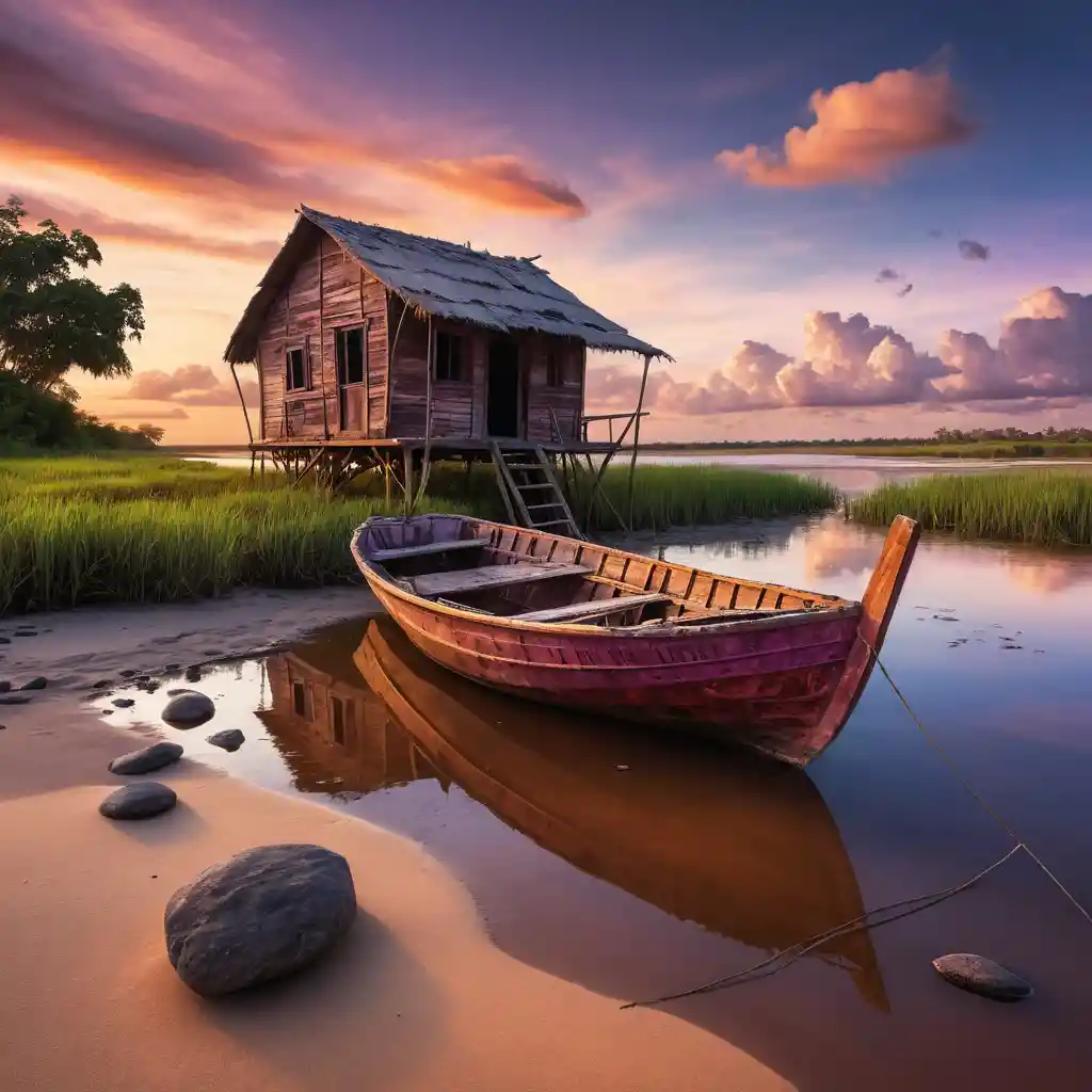 Abandoned Wooden Boat On Orinoco River At Sunset