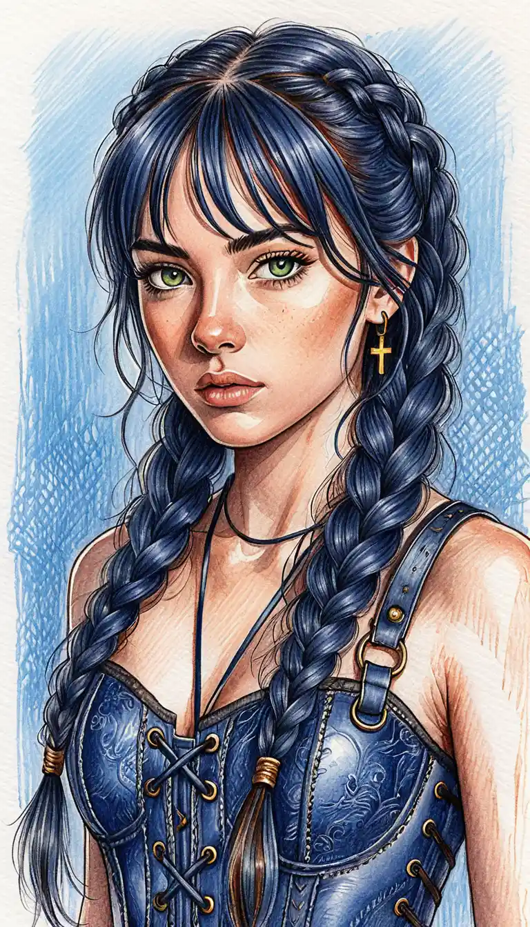 Mystery anime girl in corset with dark blue braids
