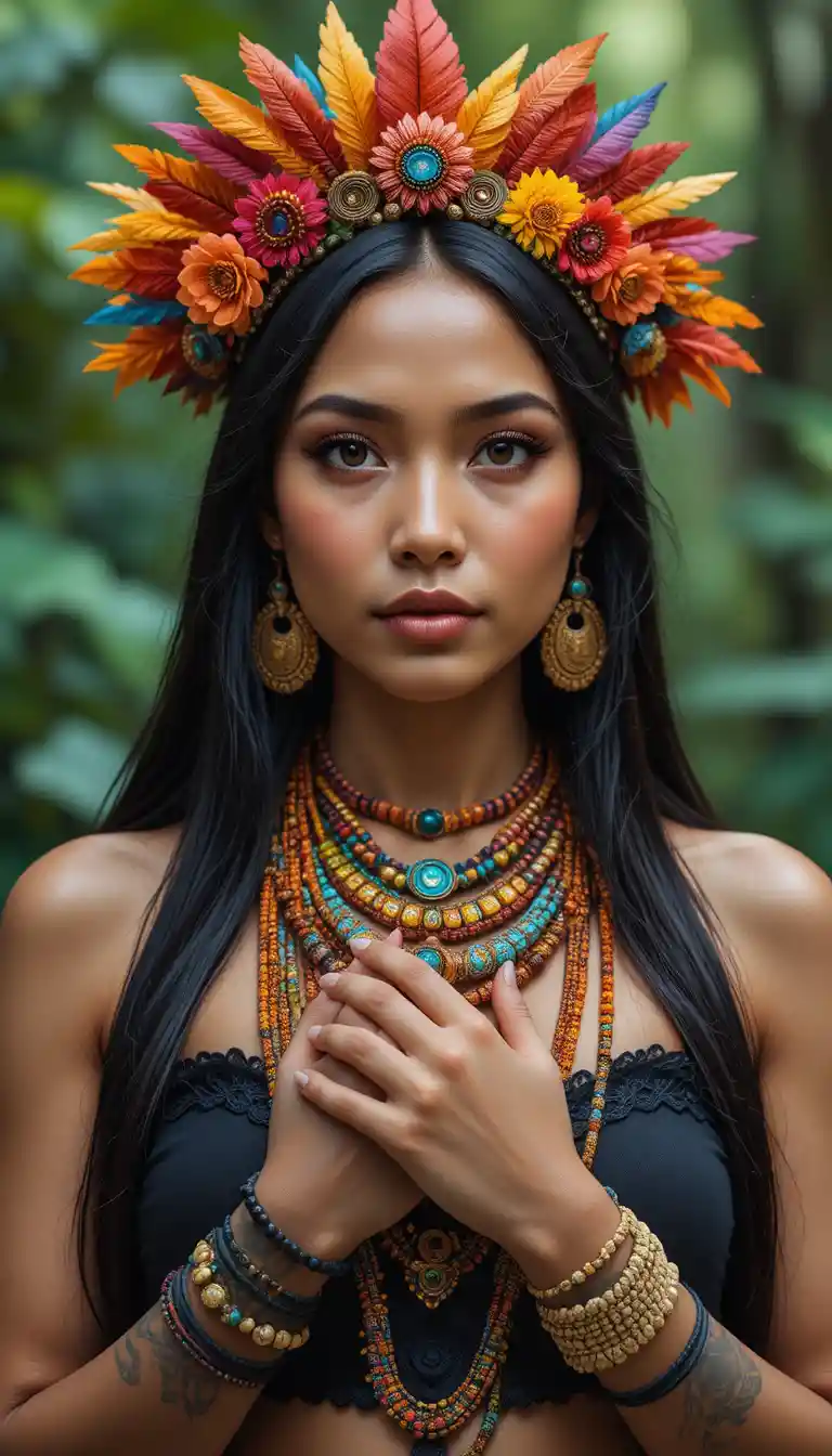 Indigenous Amazonian woman portrait in lush rainforest