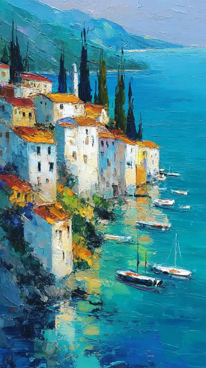 Sunlit hillside town above a turquoise coastal harbor