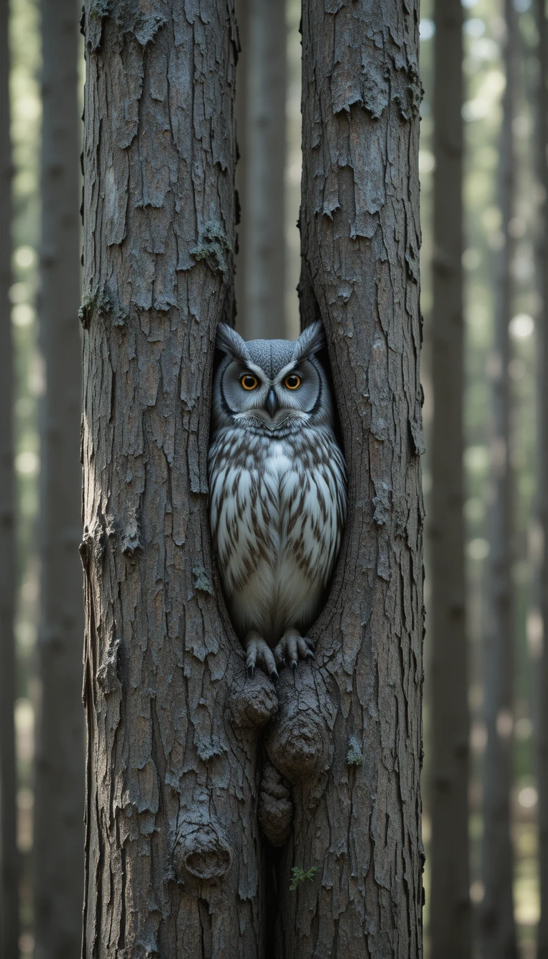 Camouflaged gray owl blending into textured forest bark