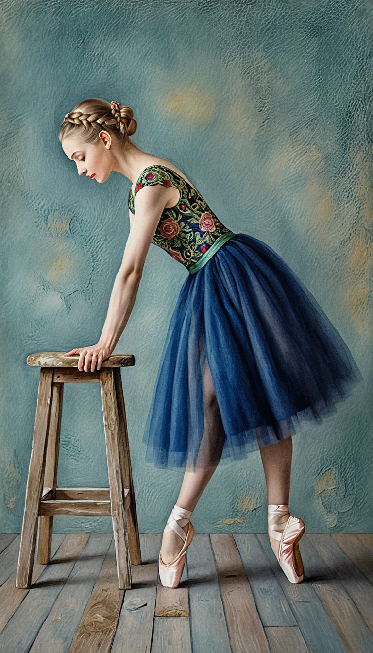 Seated ballerina in blue tutu on rustic wooden stool