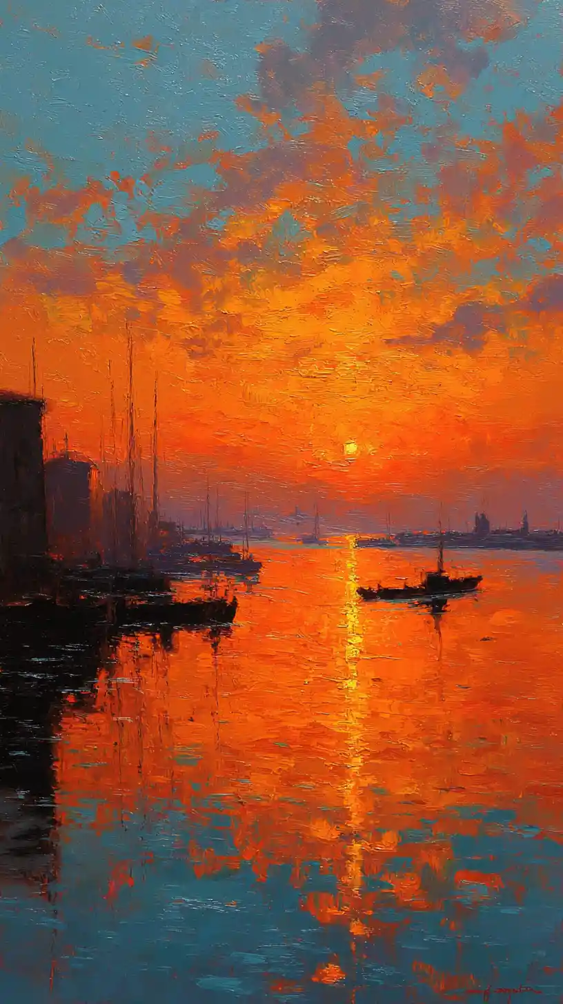 Impressionist sunrise over a quiet harbor with silhouetted boats