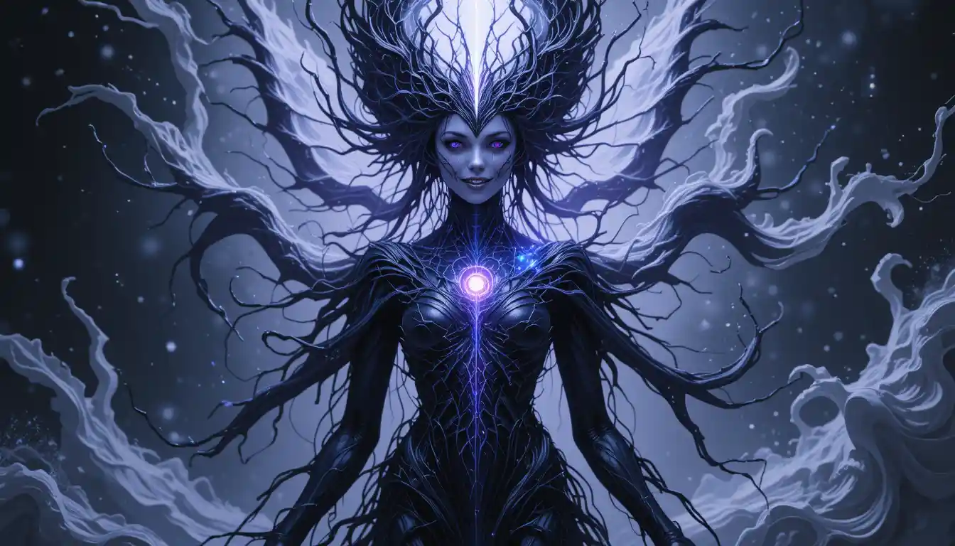 Statuesque cosmic woman with void eyes and knife edge smile