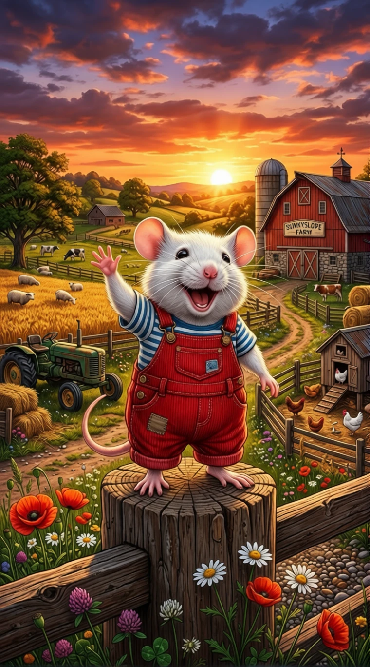 White mouse in red overalls waving on a sunny farm