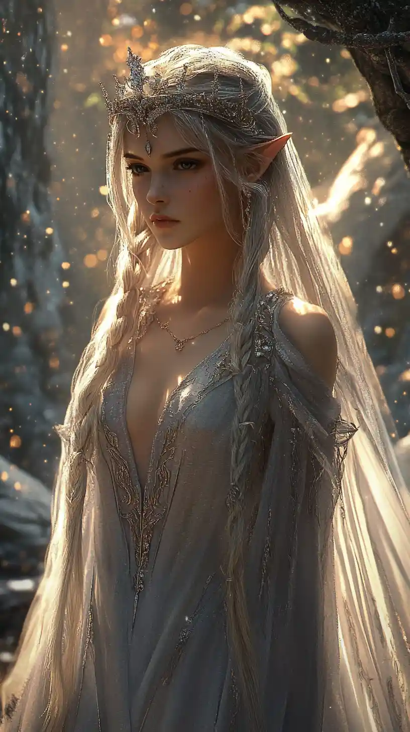 Elven queen in silver gown before a floating cathedral