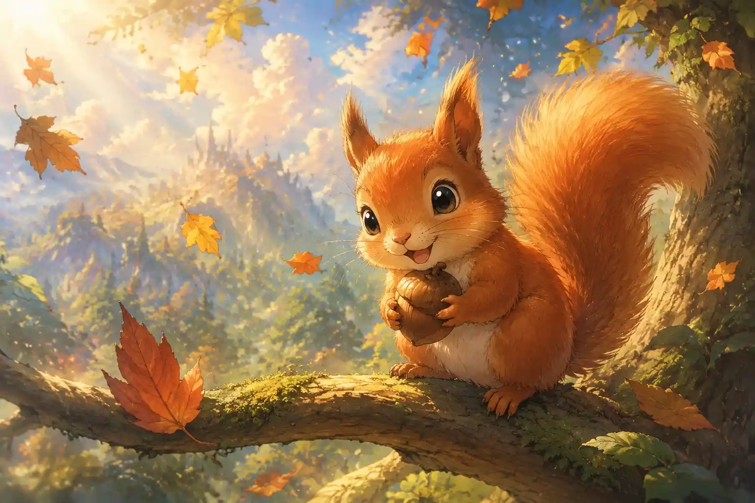Baby red squirrel holding an acorn on forest branch