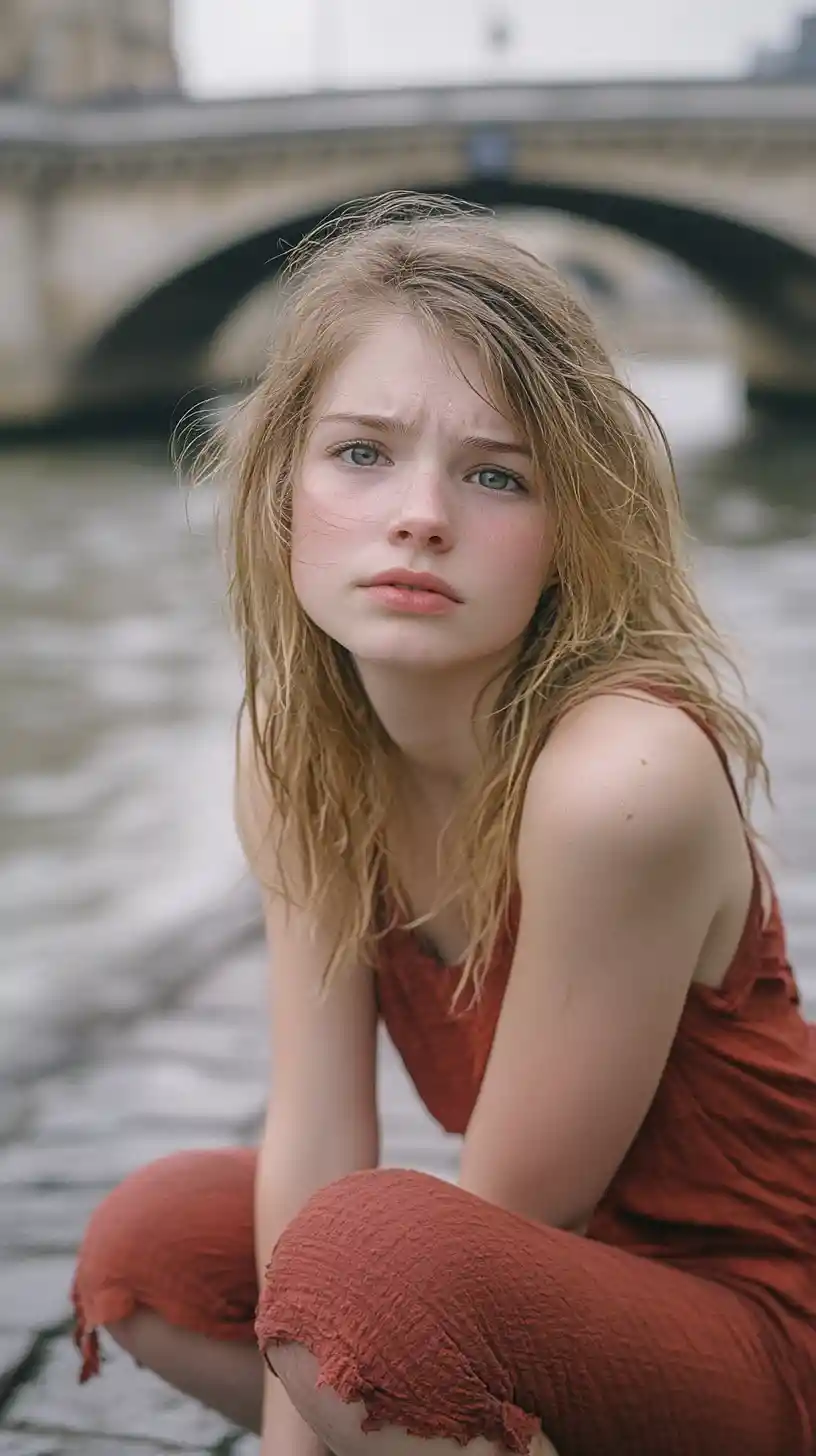 Melancholic young woman by a Paris riverside bridge