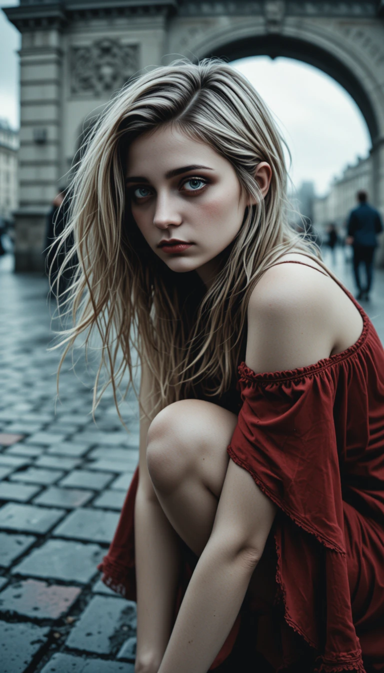Melancholic young woman by the Seine in soft daylight