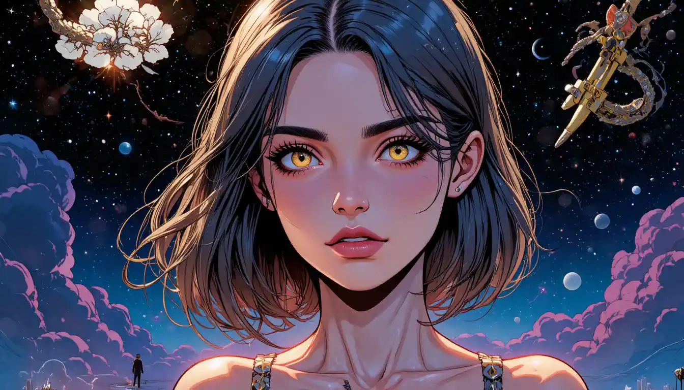 Teen girl concept art with pale gold eyes and quiet poise