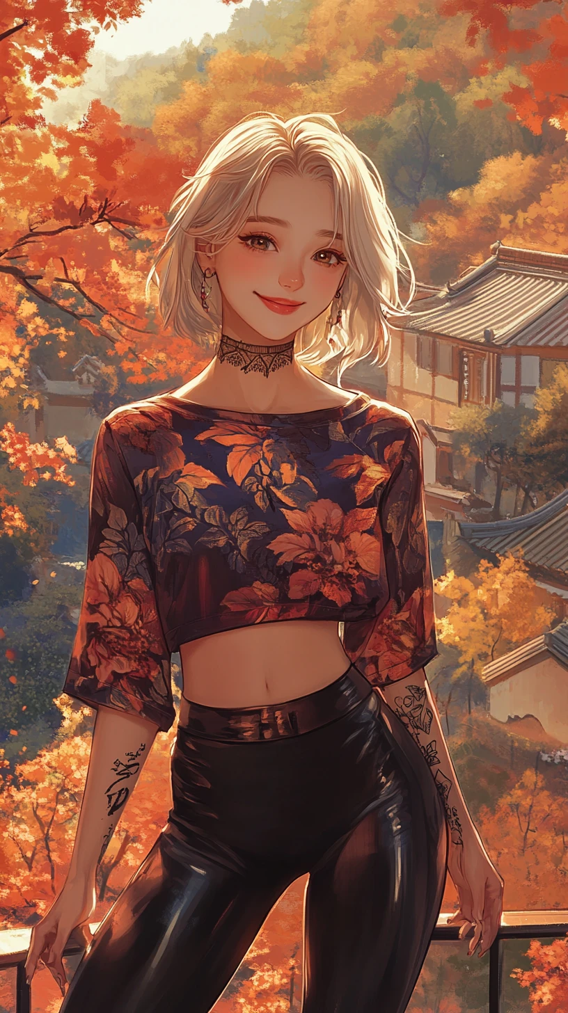 Smiling girl in autumn village with blonde bob and tattoos