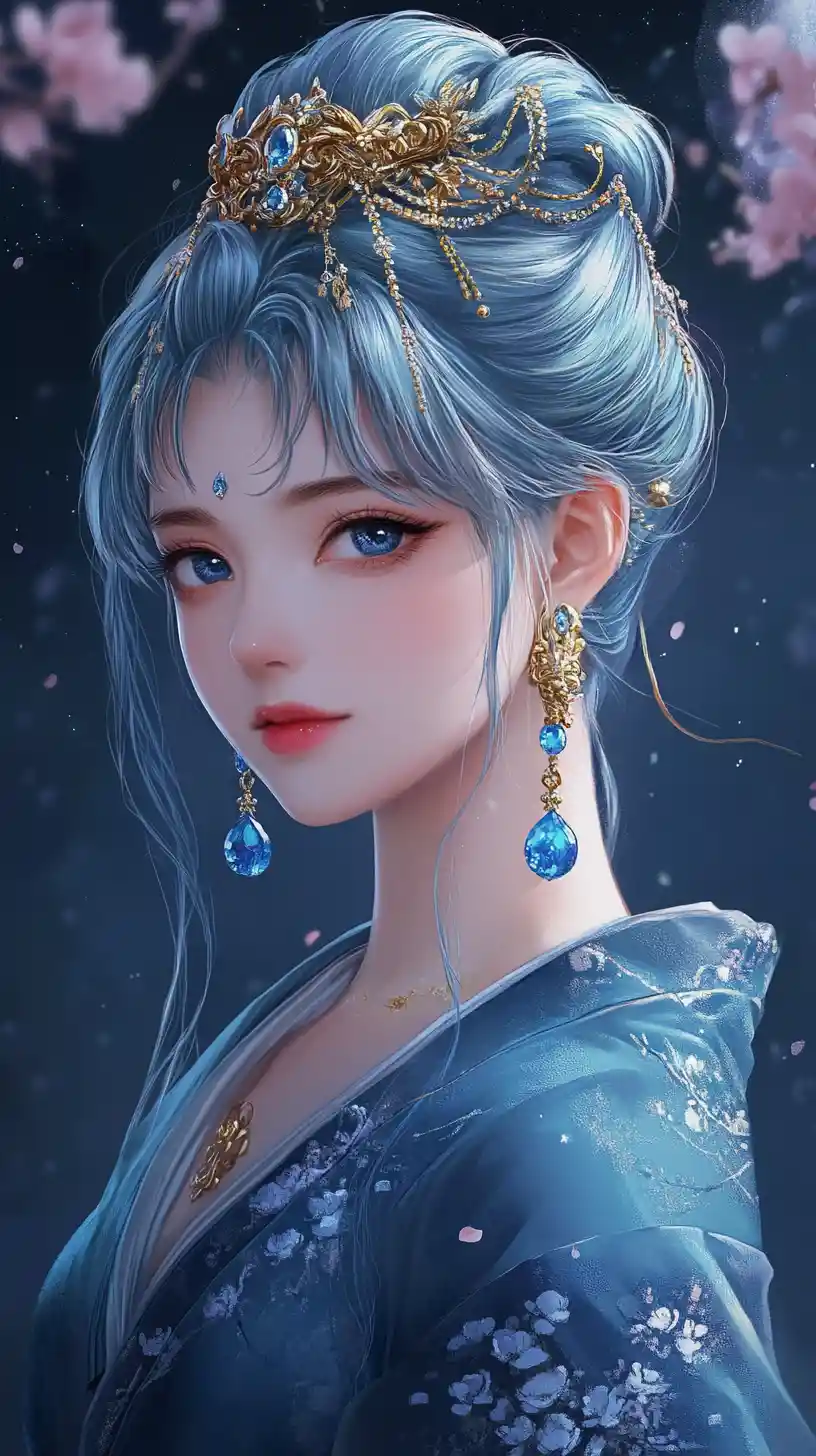 Elegant anime woman in moonlit cherry blossom garden