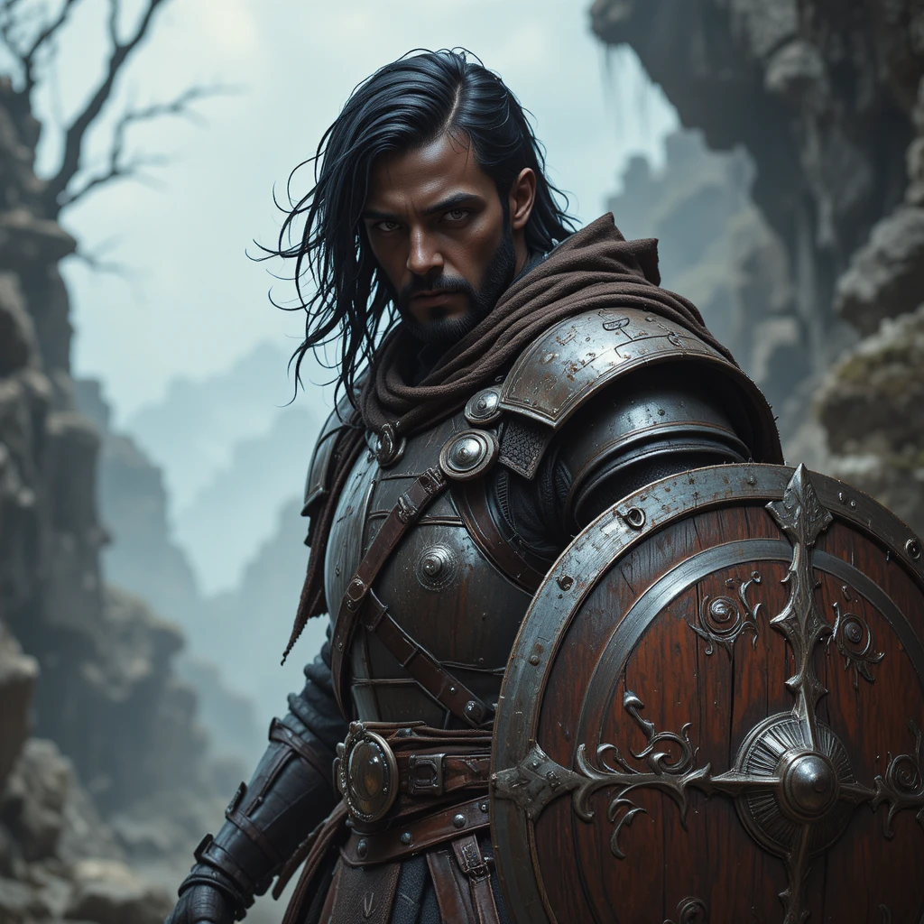 Dark skinned fantasy knight with sword and shield