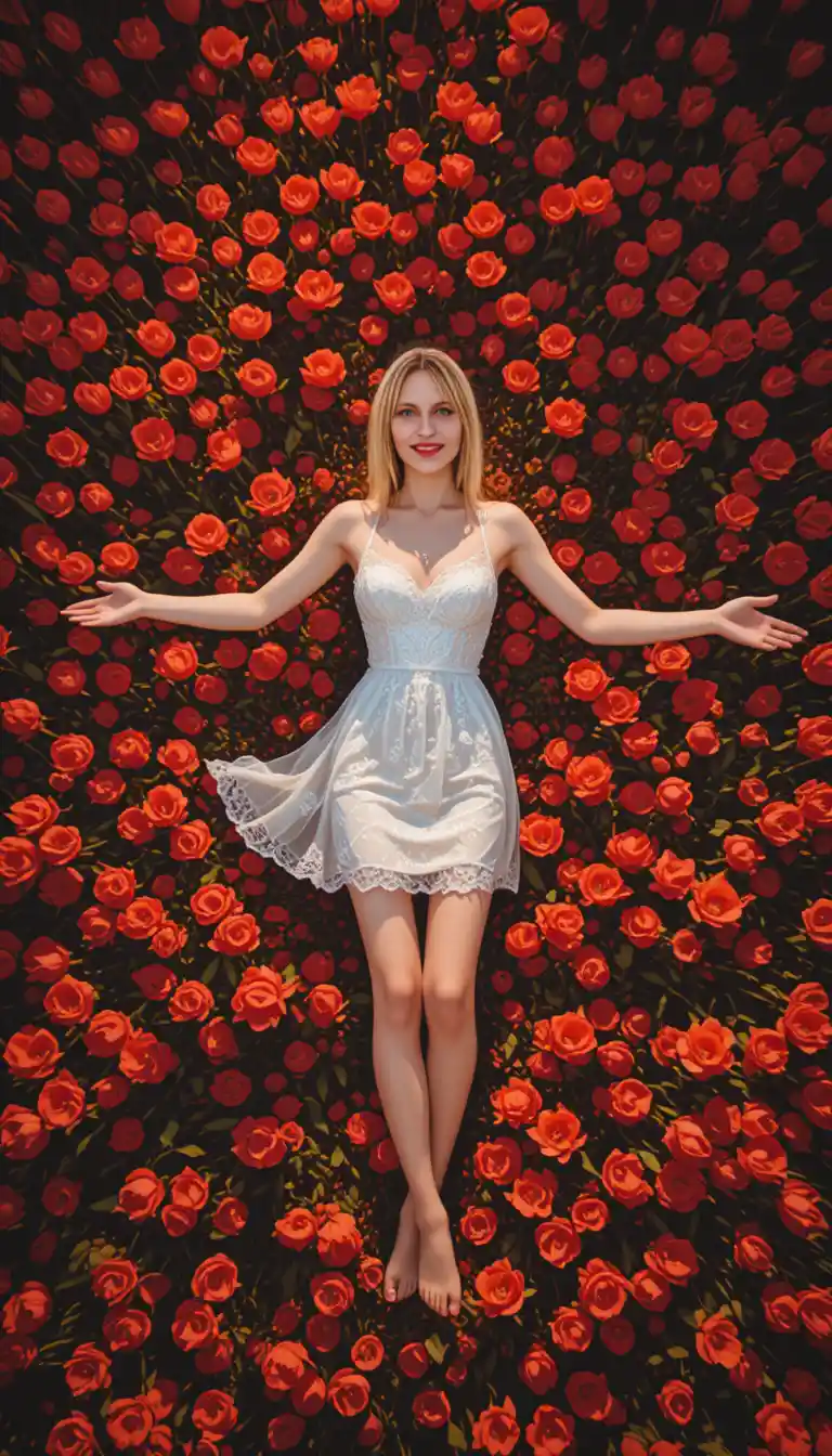 Woman in white dress lying in a field of red tulips