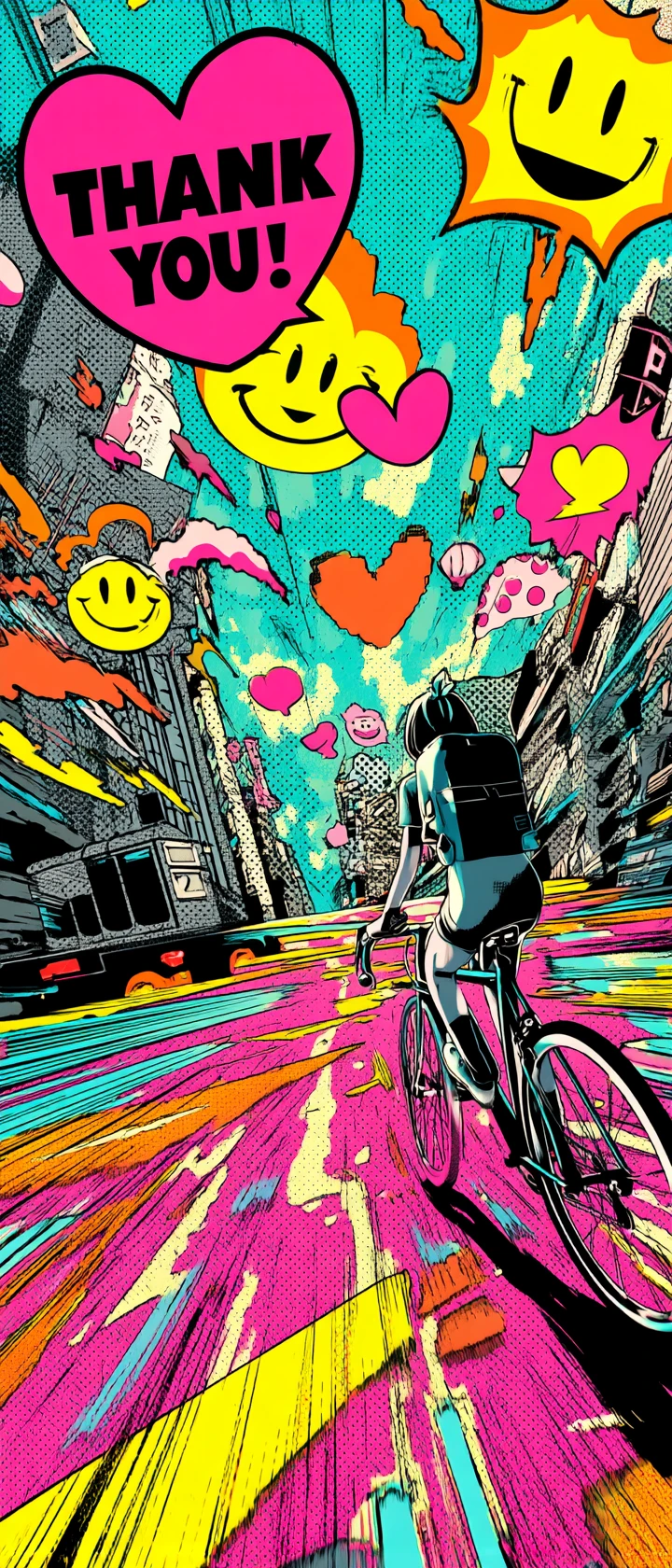 Anime-Liefermädchen radelt durch eine lebendige Pop-Art-Stadt
