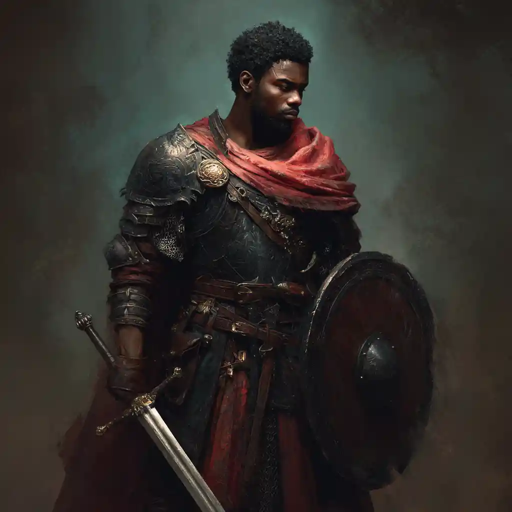 Dark skinned fantasy knight with sword and shield