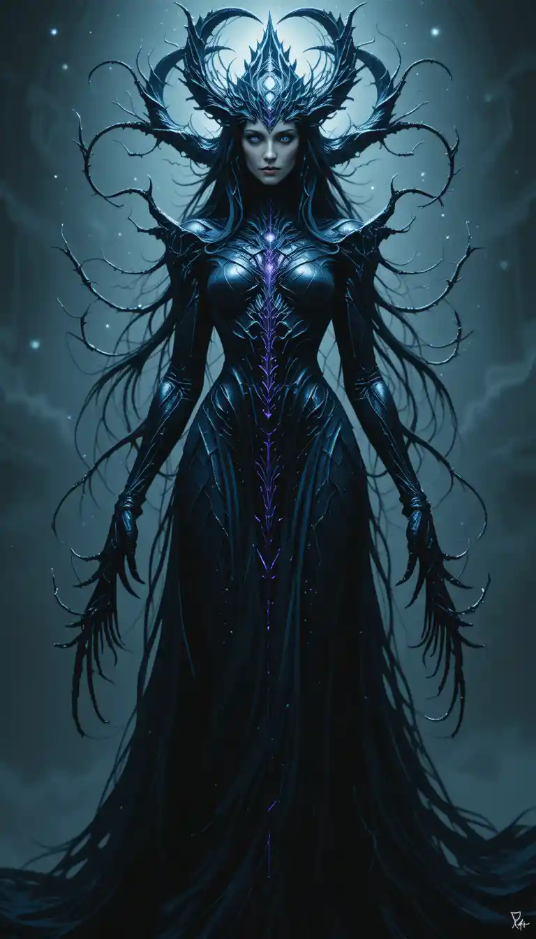 Statuesque cosmic woman with void eyes and surreal smile