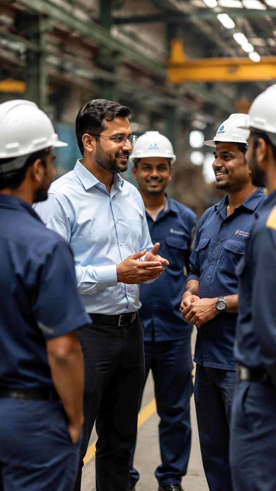 Indian businessman talking with factory workers on site