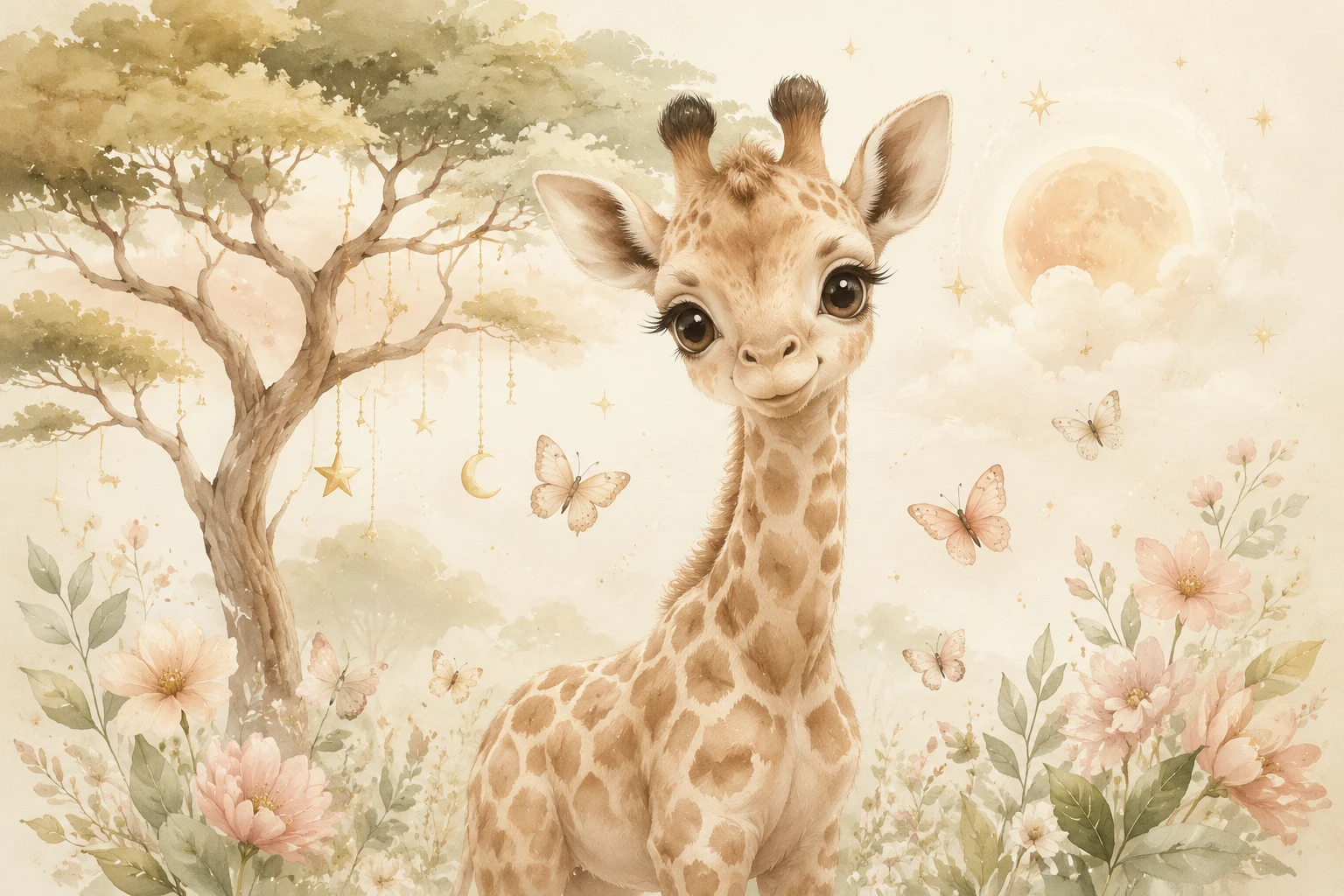 Cute baby giraffe illustration with pastel trees and butterflies