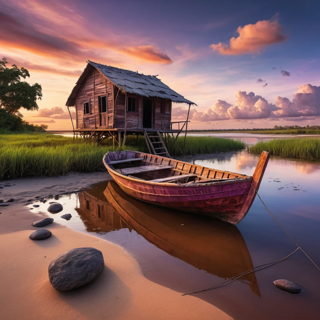 Abandoned Wooden Boat On Orinoco River At Sunset