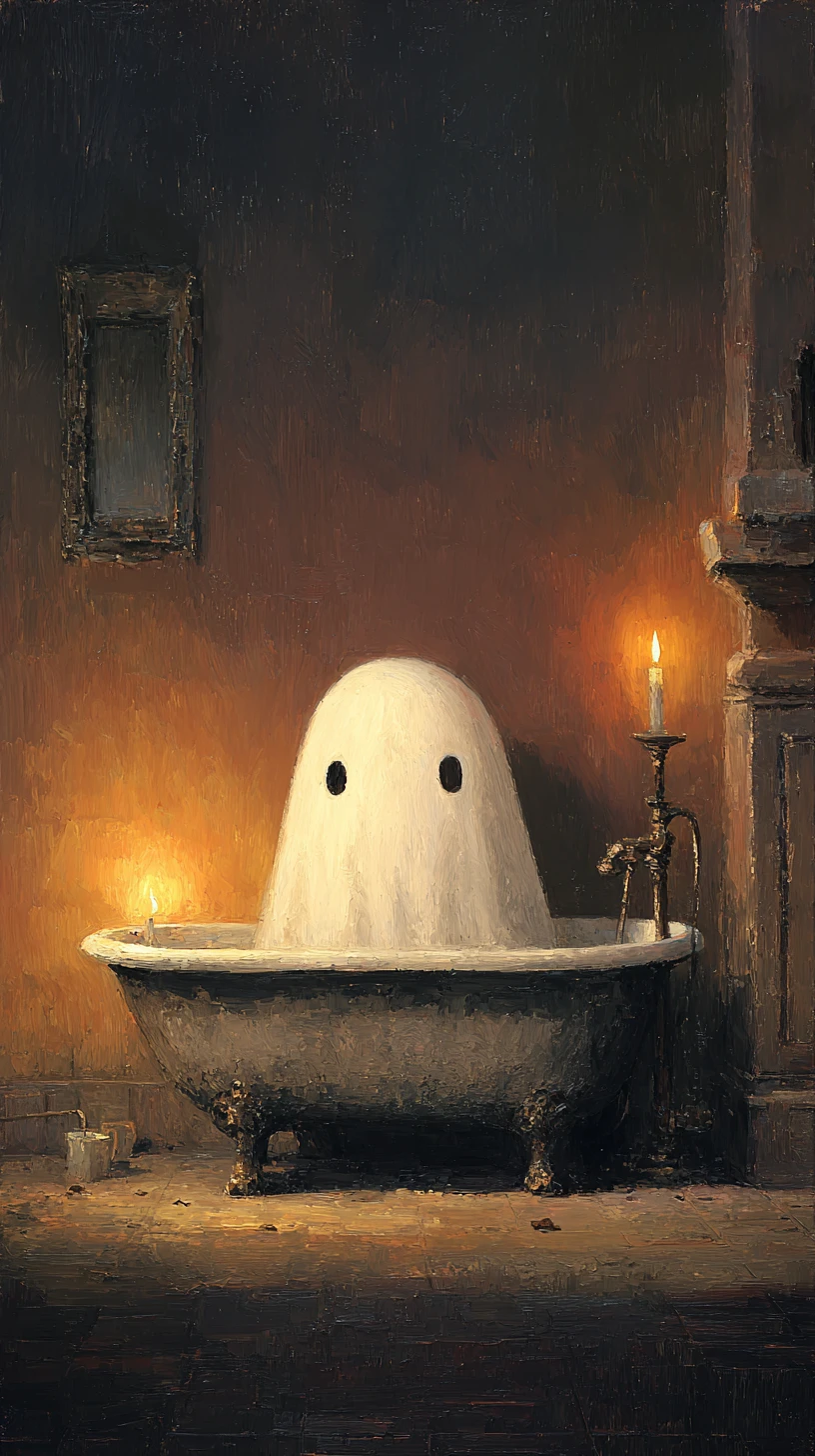 Minimalist ghost in a vintage clawfoot bathtub