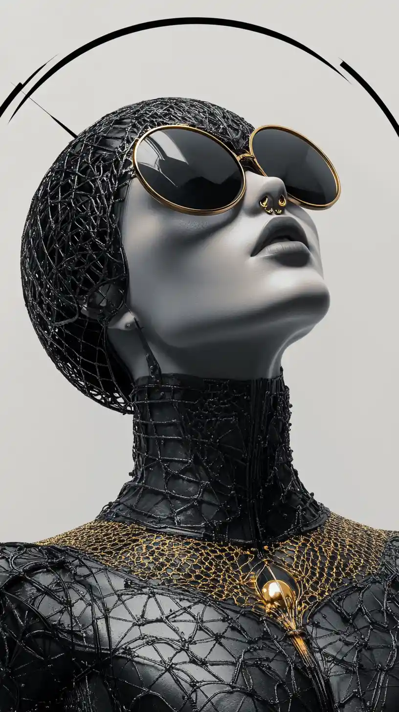 Futuristic armored woman in sunglasses with halo like geometry