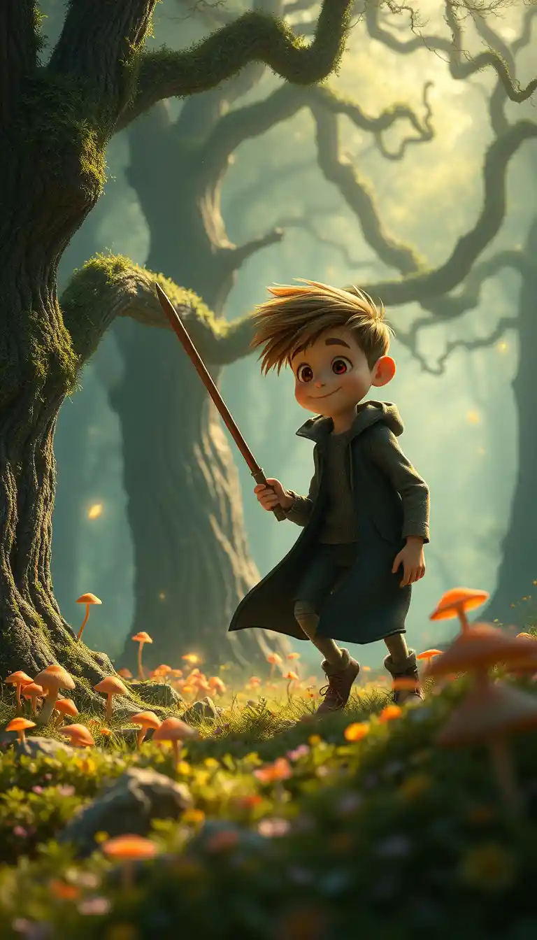 Children and animals in an enchanted glowing forest