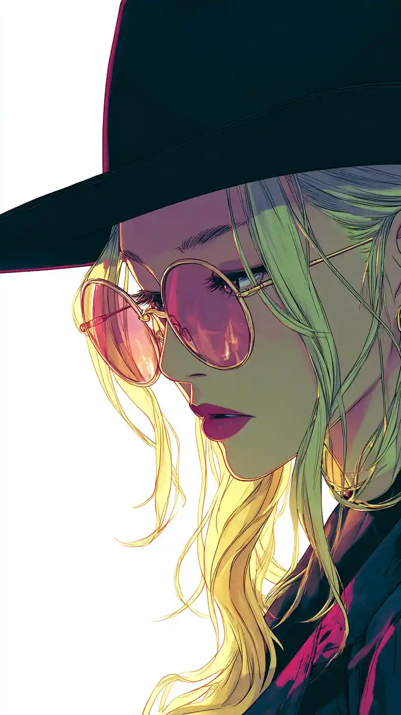 Anime woman in fedora with neon cyberpunk profile