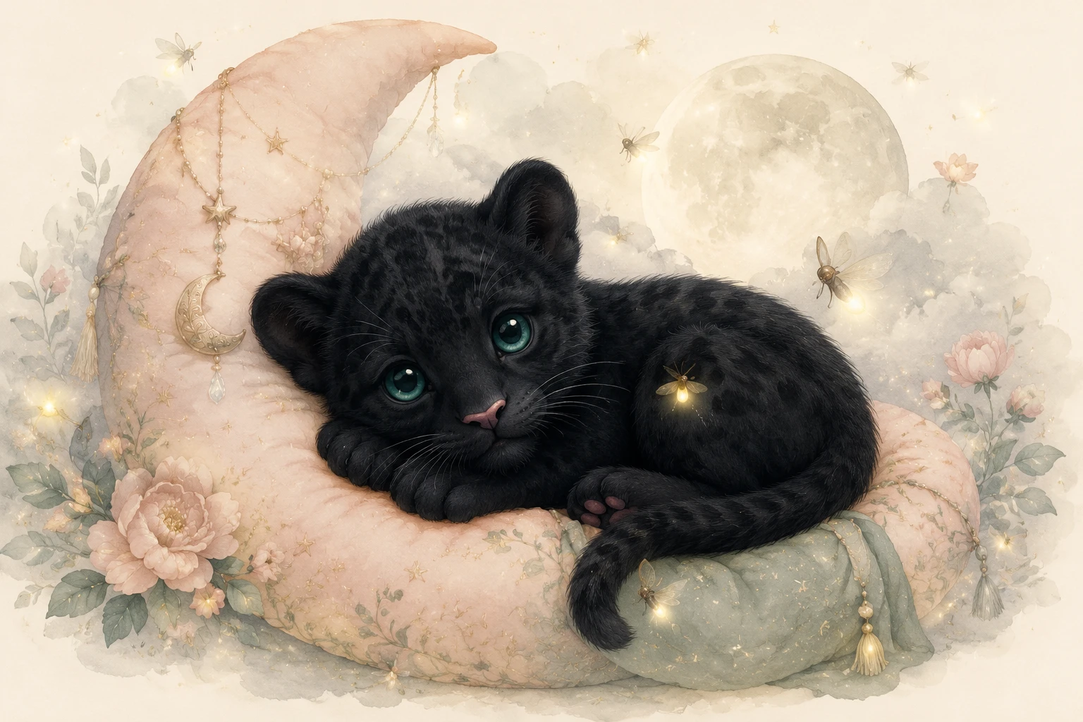 Cute black panther cub curled on a soft moonlit cushion