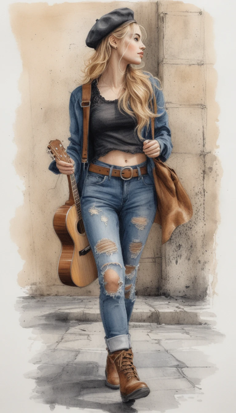 Bohemian woman walking with guitar against stone wall