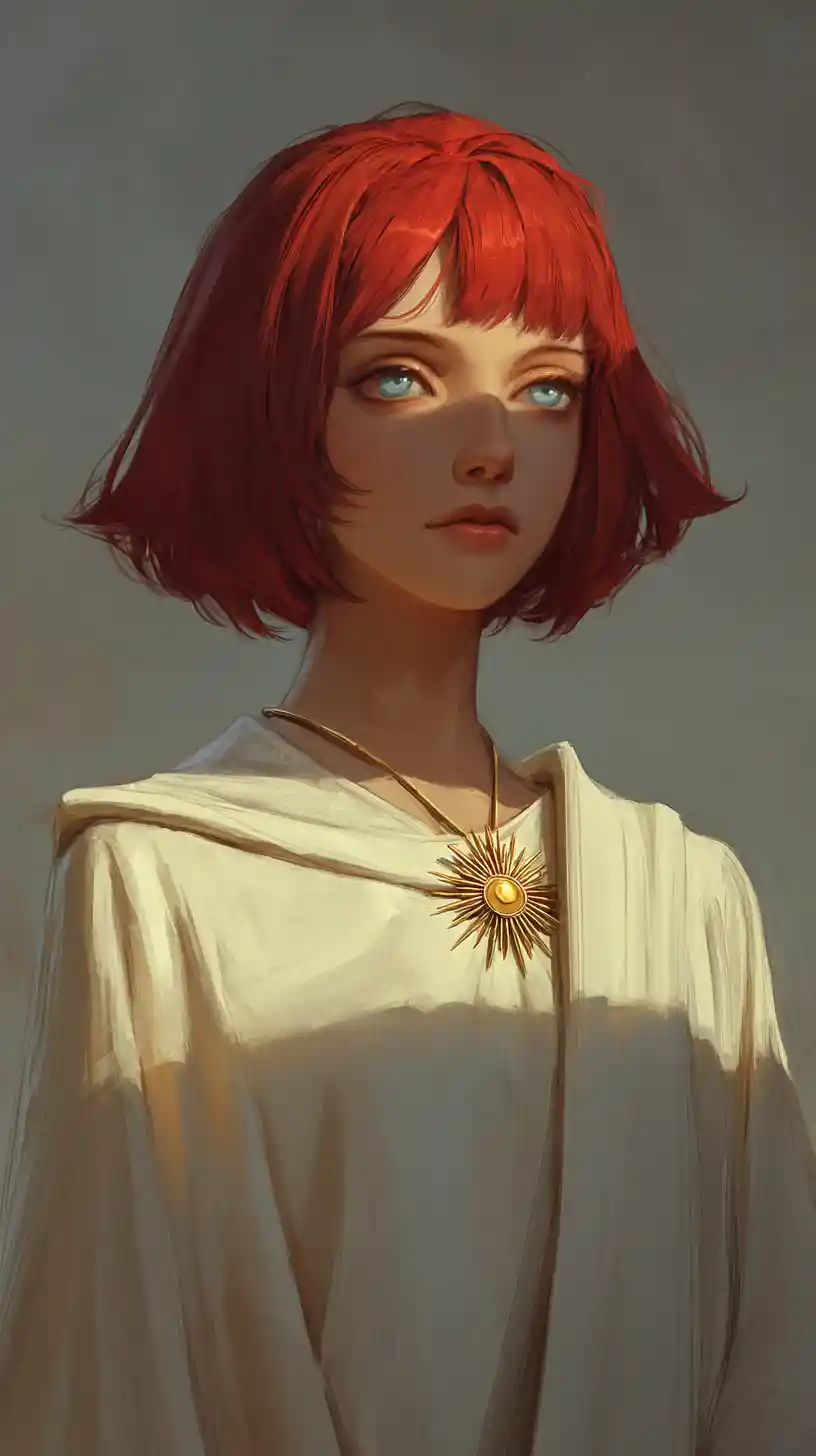 Serene crimson haired priestess in soft golden hour light