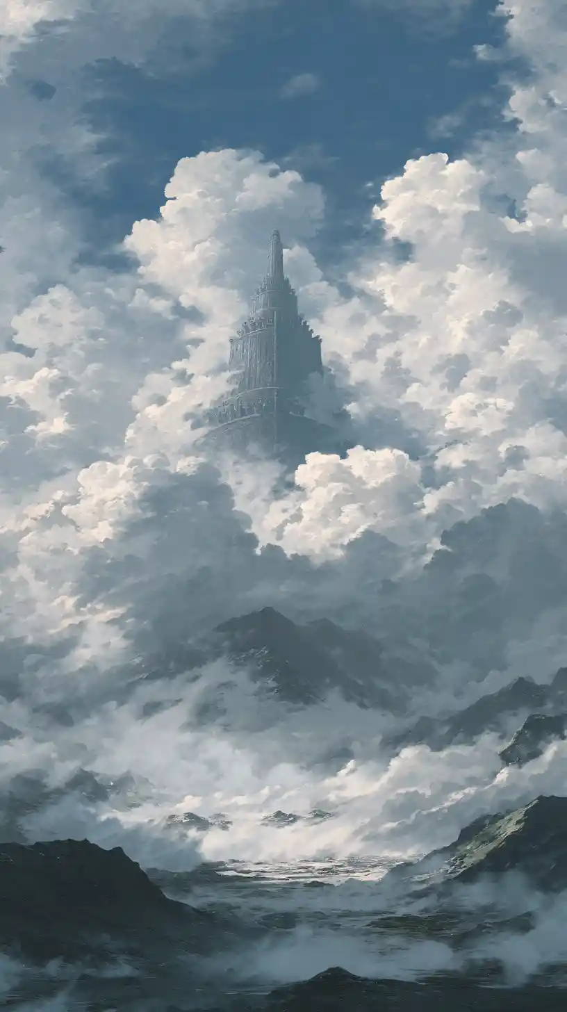 Towering fantasy monument rising into swirling clouds