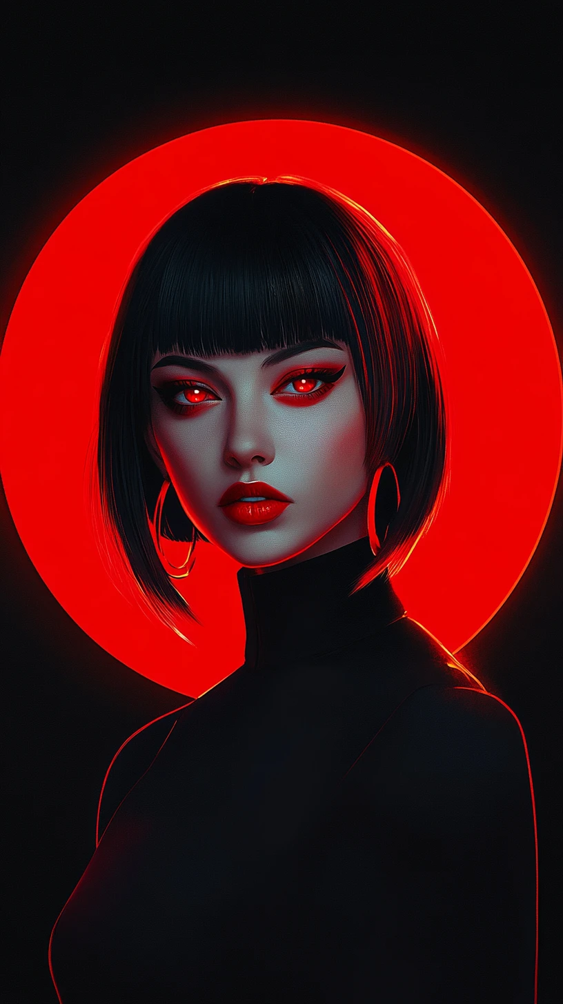 Mystérieuse femme d’anime avec halo rouge et regard lumineux