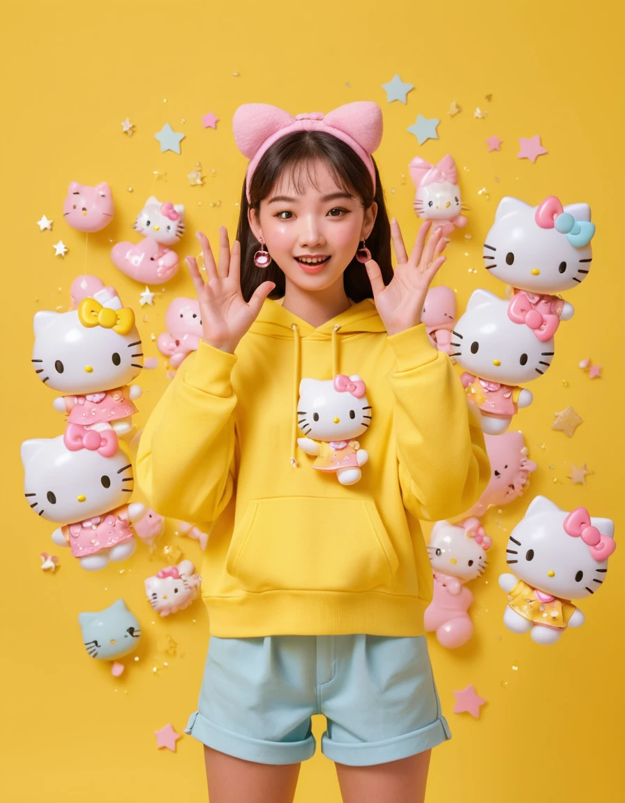 Playful girl dancing on bright yellow background with sparkles