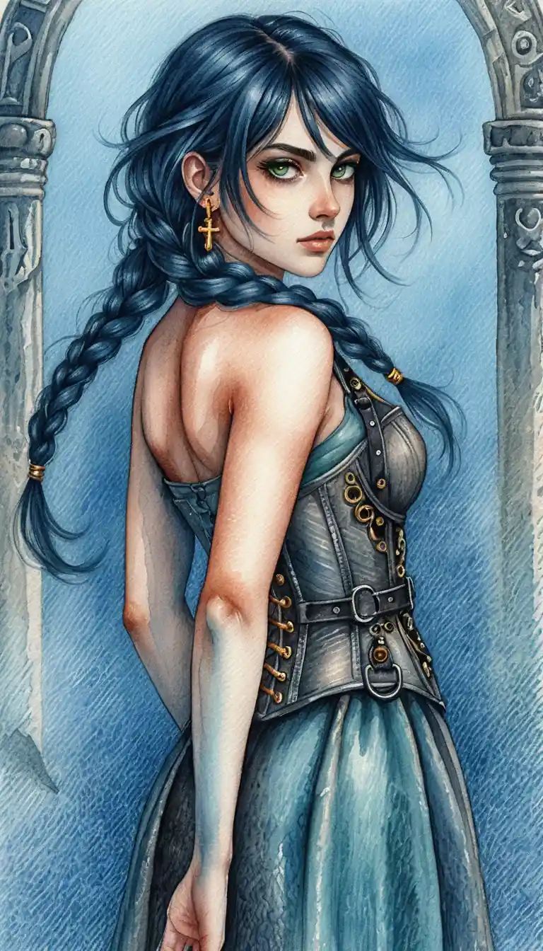Blue haired anime woman in corset looking over shoulder