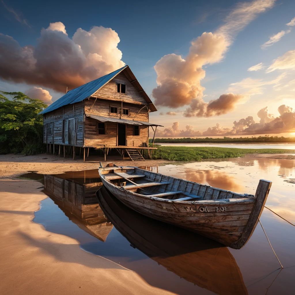 Rustic wooden boat on a calm riverbank at sunset