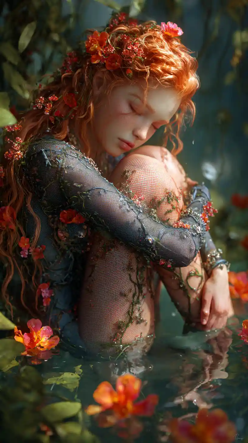 Ethereal woman in flowers resting in still forest water