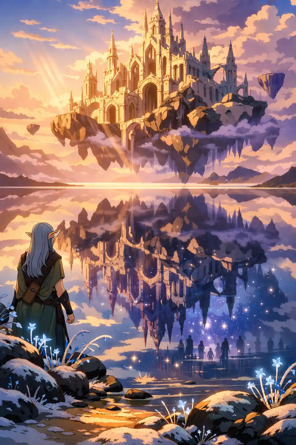 Elf Watching Floating Cathedral Reflected In A Mirror Lake