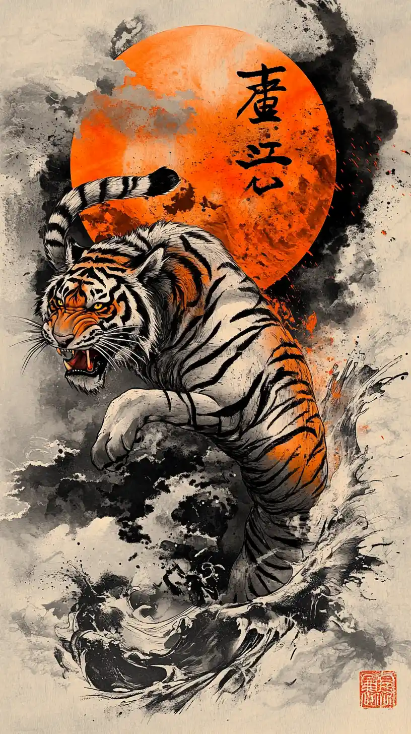 Lone tiger irezumi tattoo with moon and kanji
