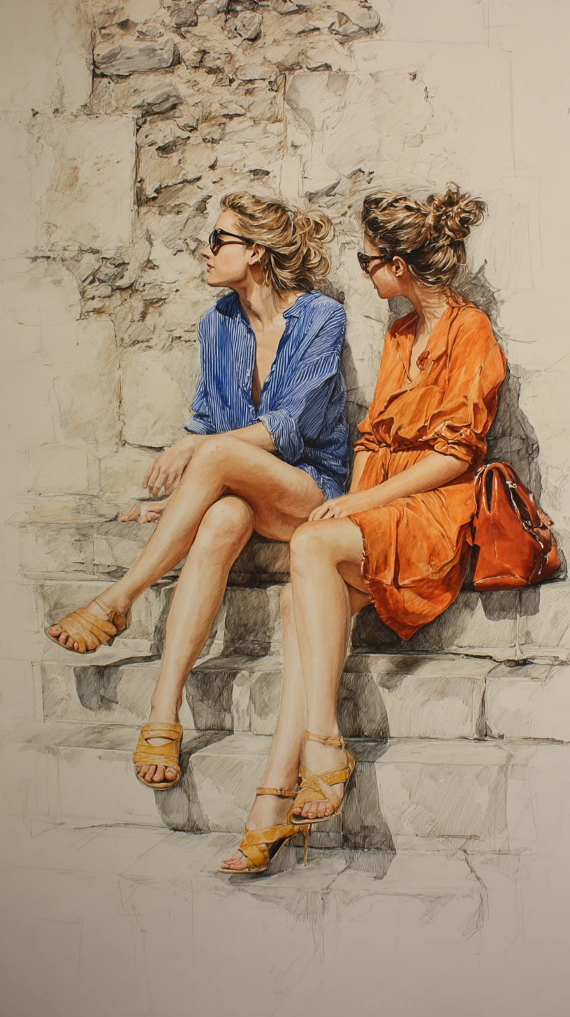 Two curvy women talking on stone steps in a street