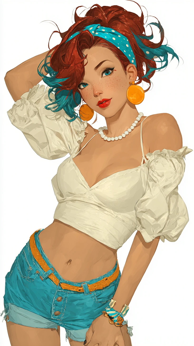 Stylish girl in blue jeans with crimson highlighted hair